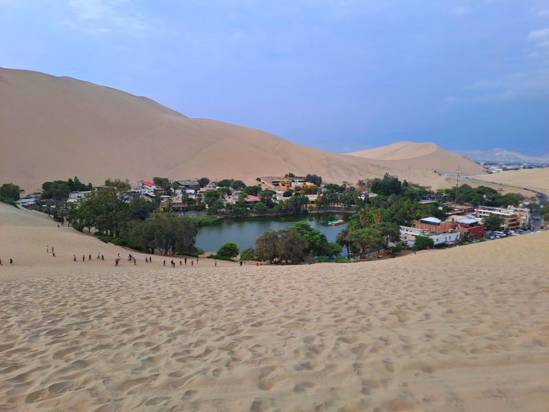 Ica, eine Oase in der Wüste mit Wasser und Bäumen. Sonst nur Wüste.