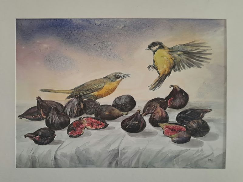 Zwei Vögel attackieren Früchte. Gemälde. Künstler wissen wir leider nicht mehr.