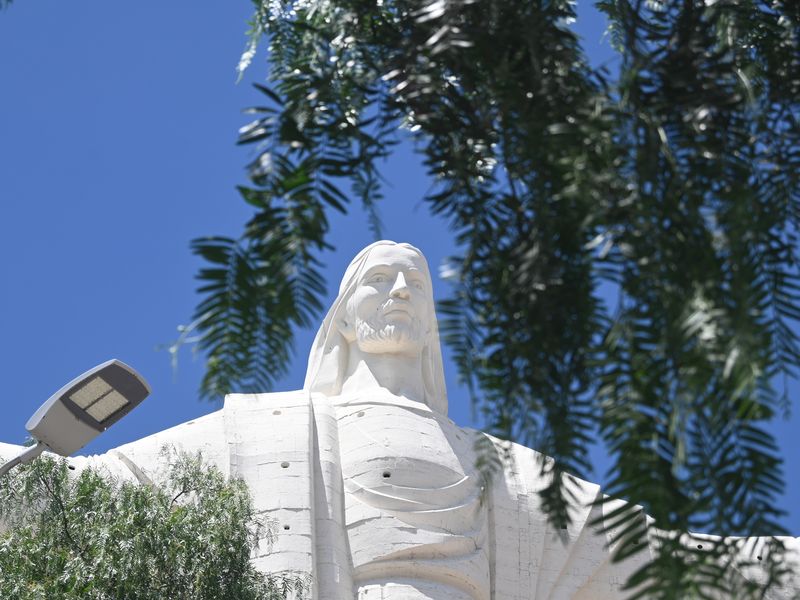 Das Gesicht der Jesus-Statue durch einen Baum hindurch fotografiert.