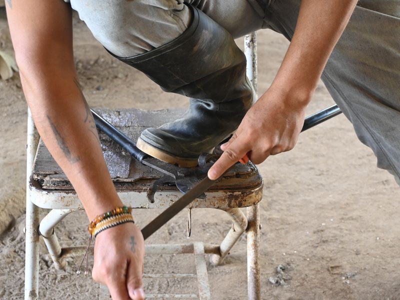Ein Werkzeug wird geschärft mit einer Feile.