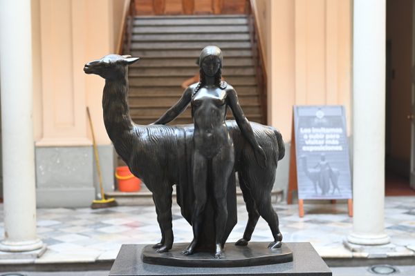 Eine lebensgroße Metall Büste einer nicht bekleideten Indigena vor einem Lama. Bild aus einer Kunsaustellung.