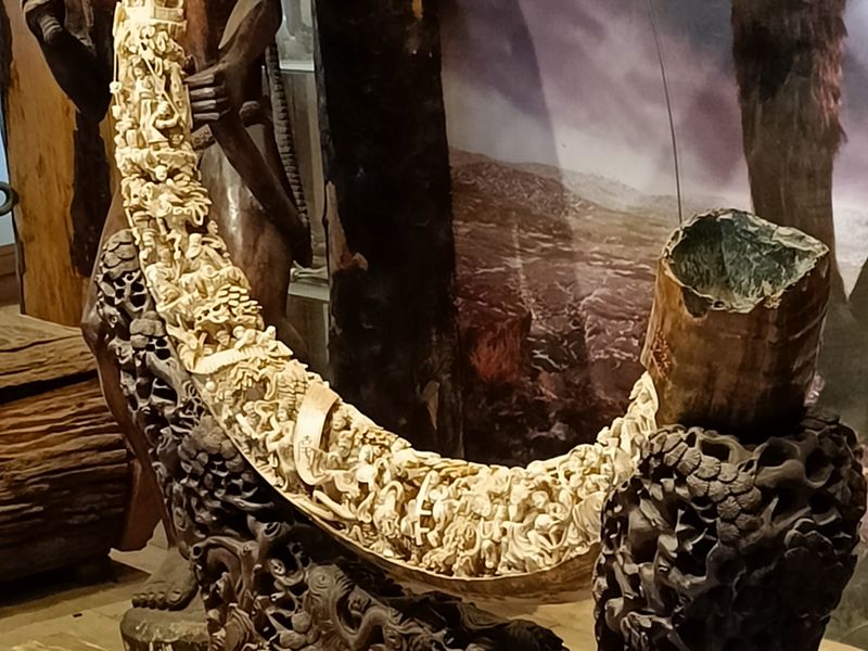 Ein Mammutstoßzahn aus Sibirien, der in China mit lokalen Motiven eingeschnitzt wurde und durch eine Schenkung nun hier gelandet ist.