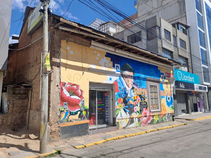 Ein altes Haus aus ungebrannten Lehmziegeln, das mit einem schönen Graffiti bemalt ist.