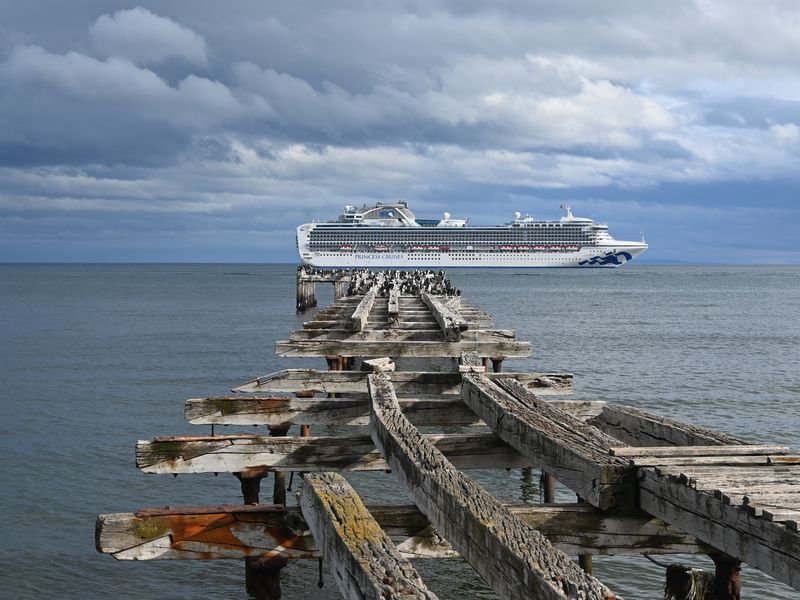 Alter Bootsanlegestege hinter dem ein Kreuzfahrtschiff vor Anker liegt. Am Ende des Steges sind Vögel zu sehen.